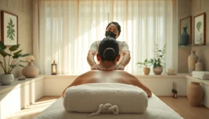 고요한 스파 환경에서 이완과 웰빙을 보여주는 서산마사지의 평화로운 설정.