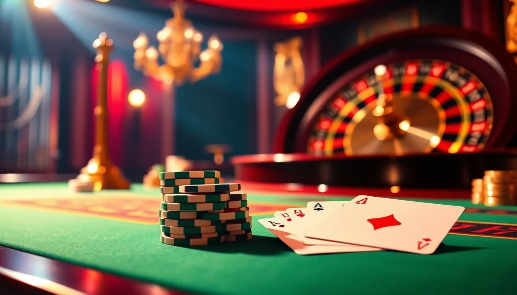 Jeu passionnant à une table luxueuse : casino fiable en ligne avec des jetons de poker et des cartes.