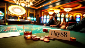 Hay88 players strategizing at a poker table with vibrant chips and cards.