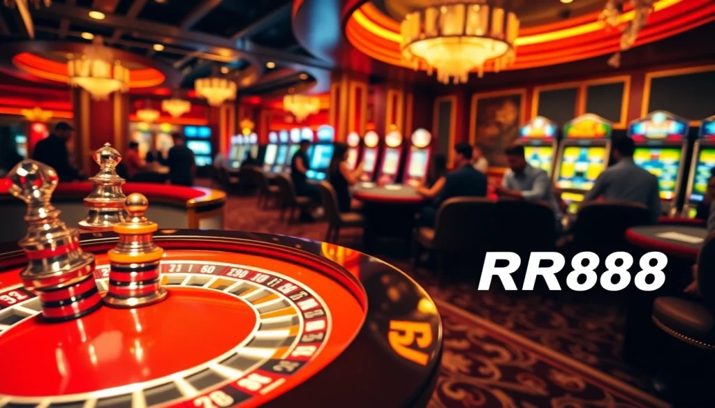 RR88 poker players strategizing at a luxurious casino table with vibrant colors.