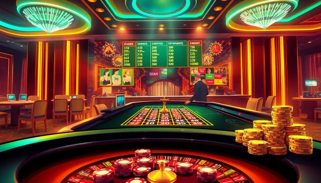 Vivez la montée d'adrénaline du casino fiable en ligne avec des jeux vibrants et des piles de jetons élégantes dans cet environnement de casino numérique.