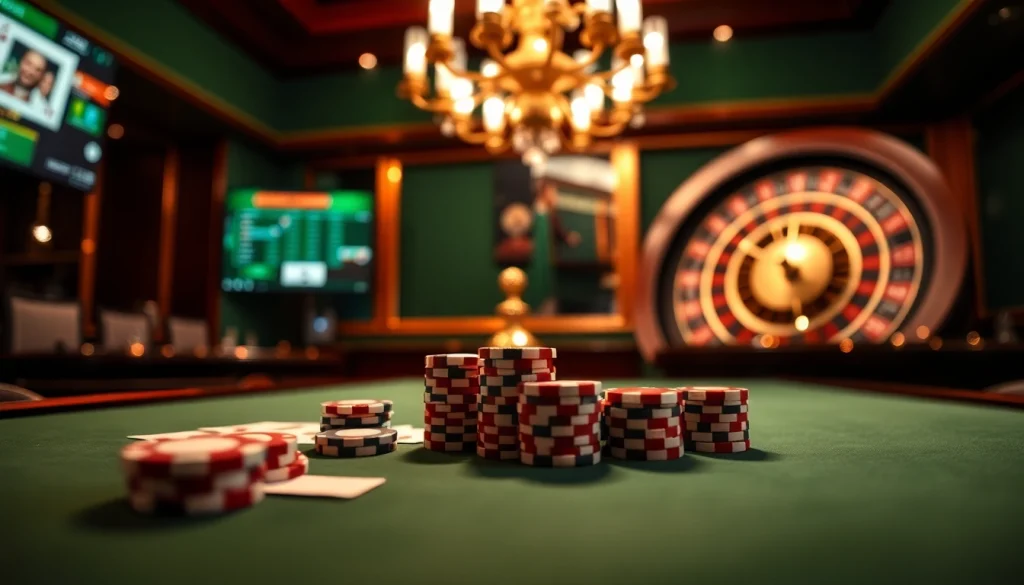 Vivez l'excitation dans un casino fiable en ligne avec des jetons de poker et des roues de roulette dans un cadre luxueux.
