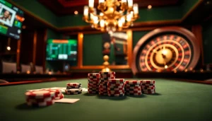 Vivez l'excitation dans un casino fiable en ligne avec des jetons de poker et des roues de roulette dans un cadre luxueux.