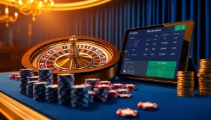Engaging online betting scene illustrating situs bola online with vibrant casino elements.