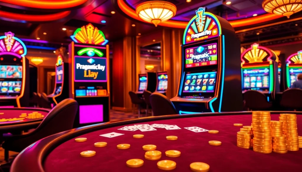 Play exciting slot pragmatic play games at an opulent casino with vibrant lights and luxurious decor.