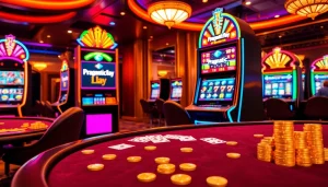 Play exciting slot pragmatic play games at an opulent casino with vibrant lights and luxurious decor.