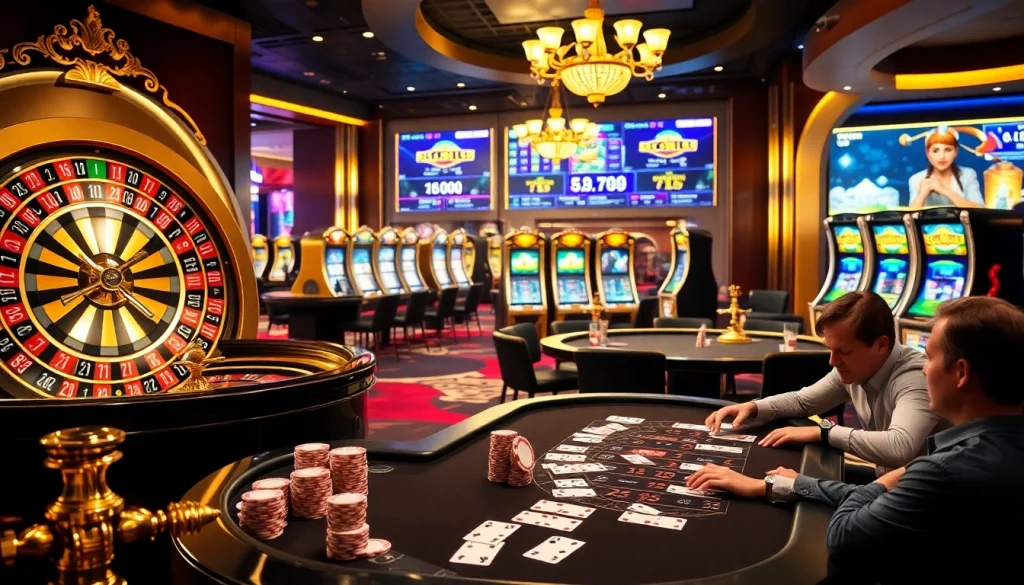 Scène engageante d'un casino fiable en ligne avec excitation de la roulette et du poker.