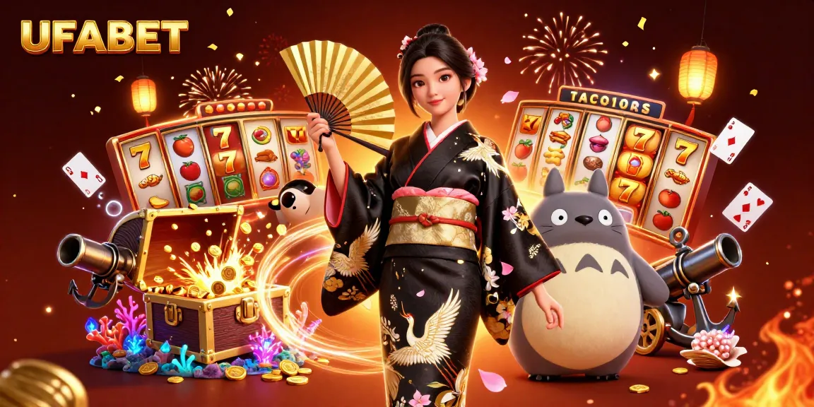 Experience UFABET's online slots with a vibrant 3D casino scene featuring colorful reels and festive elements.