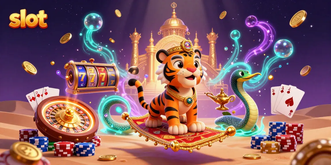 Spin the reels in an exciting slot casino scene with a vibrant Arabian Nights theme.