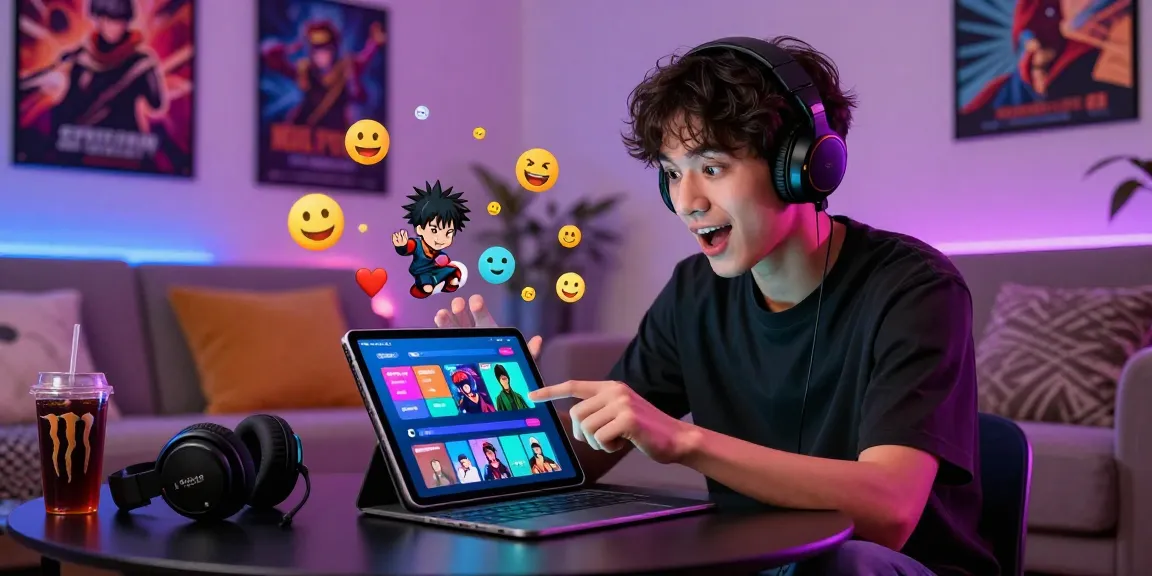 Engaging player using the Status app with vibrant fan avatars and notifications in a cozy gaming setting.