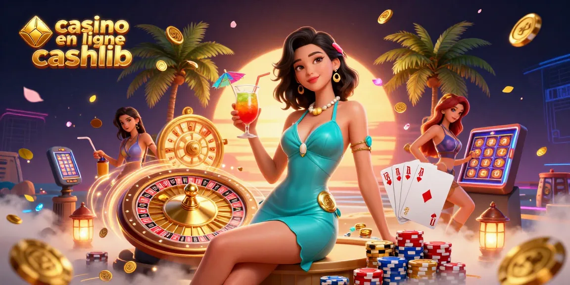 Des pièces d'or en cascade et des jetons de poker vibrants entourent la femme glamour profitant du casino en ligne cashlib.