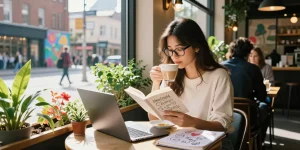 Young woman enjoys reading a novel about crush on romance in a sunny café setting.