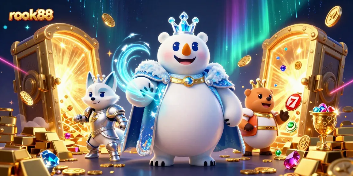 Experience excitement with rokok88 as animated casino characters celebrate amidst treasures and slot games.