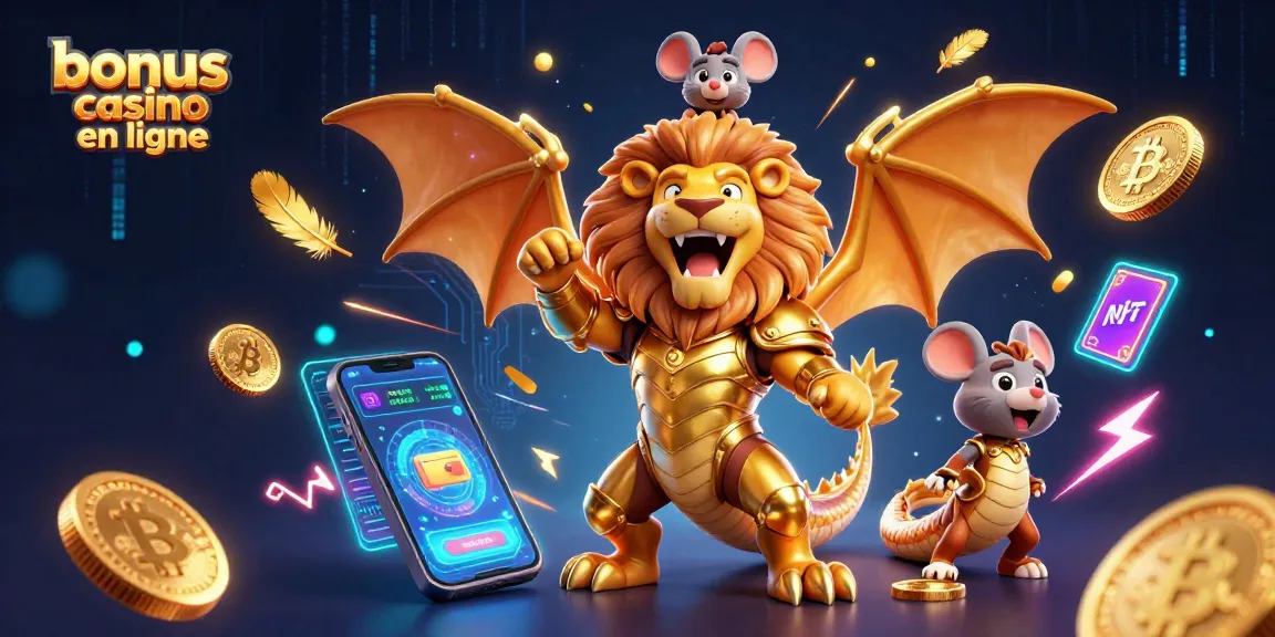 Profitez des bonus casino en ligne avec ce montage vibrant de jeux et de personnages fantastiques.