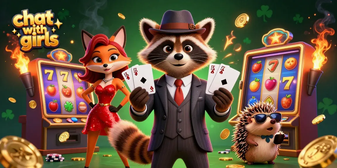 Chat with girls while enjoying a vibrant scene of raccoon and fox characters in a casino setting.