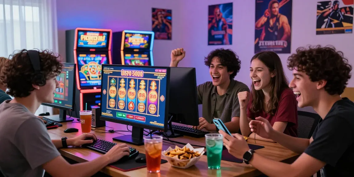 Friends enjoying slot depo 5000 games in a lively home gaming set-up, showcasing excitement and vibrant atmosphere.