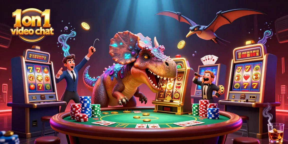 Engage in 1 on 1 video chat as a dinosaur hits a slot machine for jackpot coins in this vibrant casino illustration.