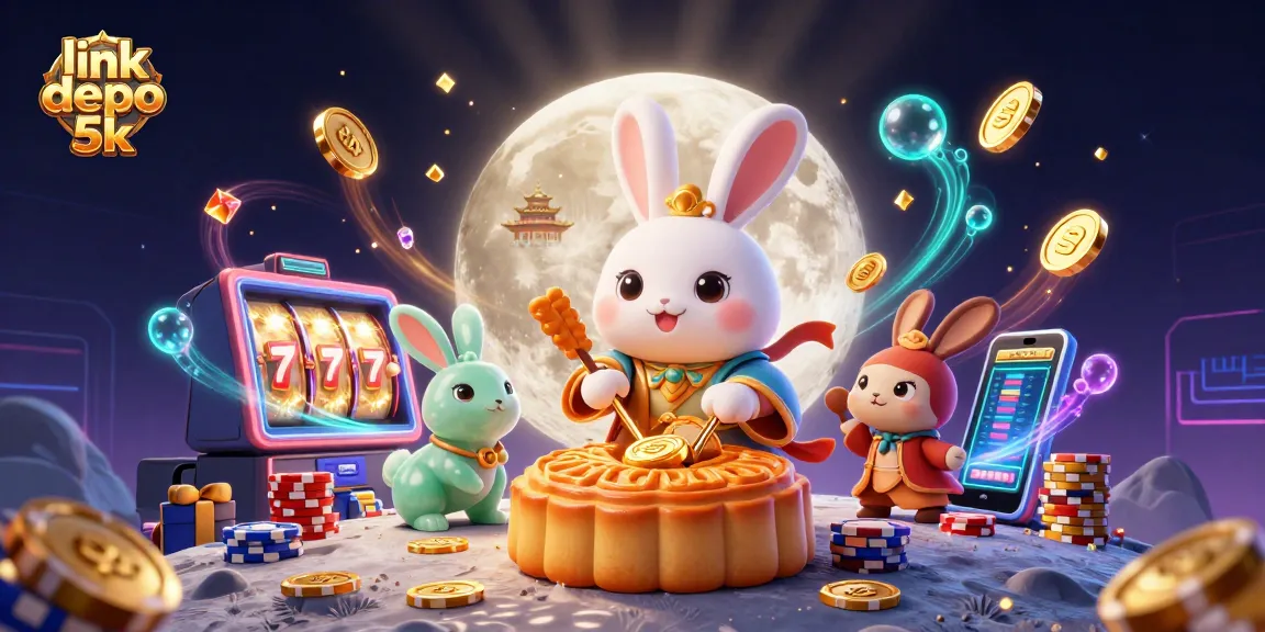 Win big with link depo 5k in this vibrant casino scene featuring dynamic slot reels and poker chips.