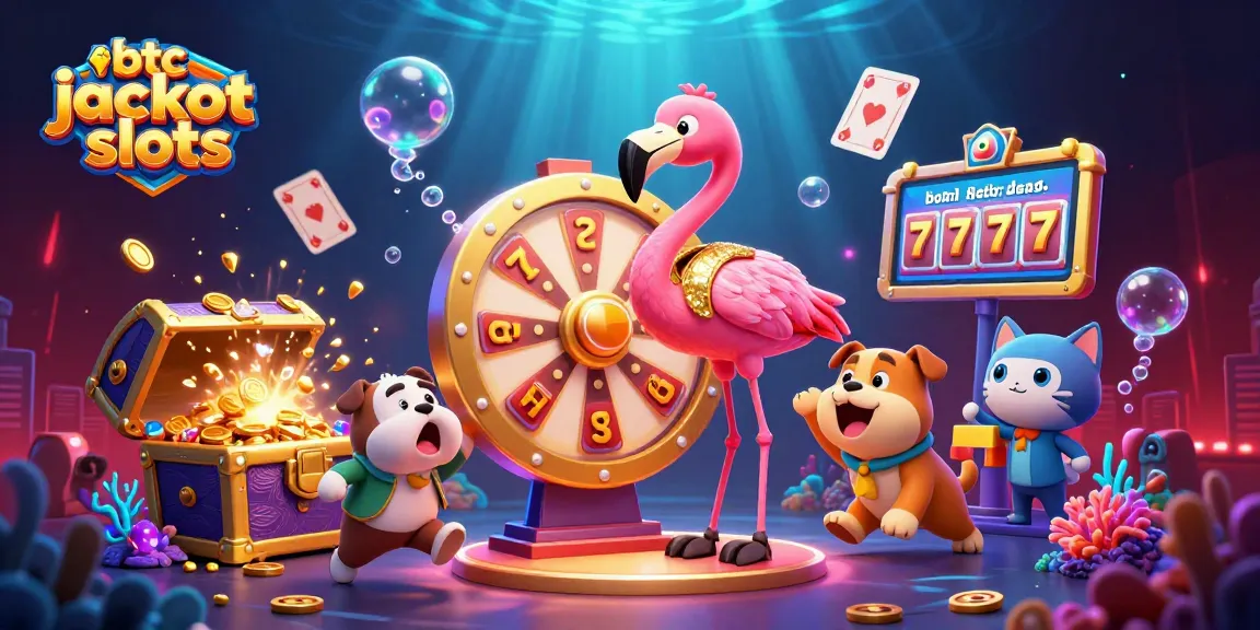 Engage with btc jackpot slots in an exciting 3D casino scene featuring vibrant game show characters.