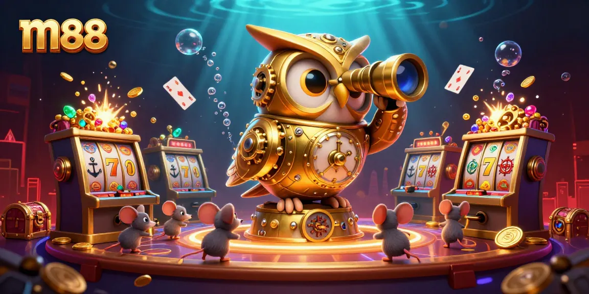 M88 offers exhilarating gambling fun with a massive clockwork golden owl overseeing exciting gameplay in a vibrant online casino.