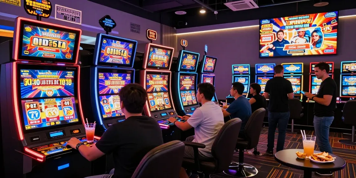 Exciting slot machine gaming scene showcasing players enjoying slots in a lively casino atmosphere.