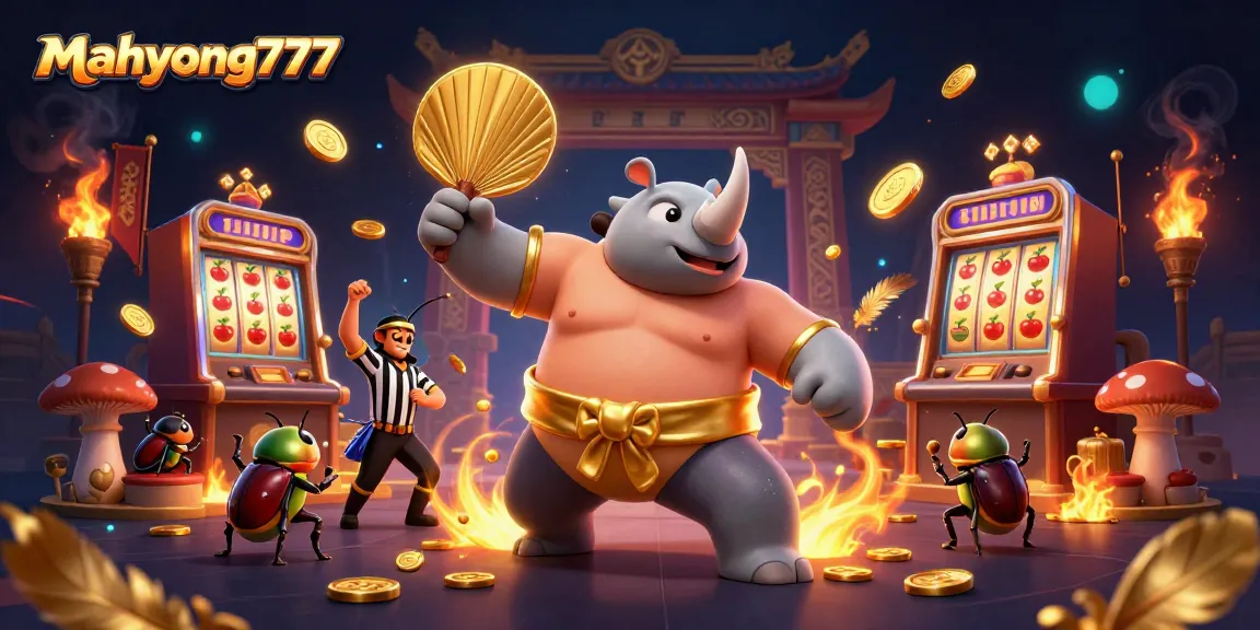 Engage with mahyong777 in a vibrant 3D scene featuring a sumo champion stomping coins in a colorful casino.