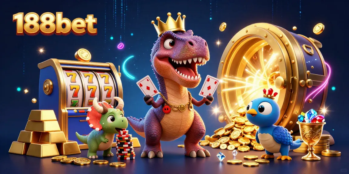 Engage in thrilling gameplay at 188bet with a vibrant scene of animated characters shuffling cards and stacking chips.