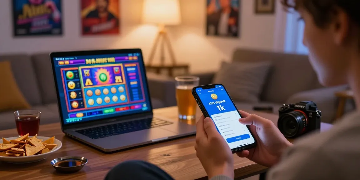 Engaging scene of slot deposit 1k gameplay on a mobile device in a cozy home setting