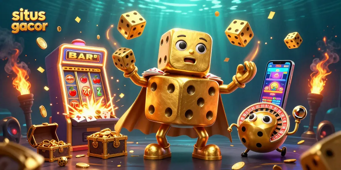 Experience the thrill of situs slot gacor with vibrant visuals of a golden dice golem and explosive jackpots.