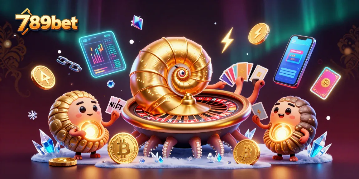Play at 789bet with giant nautilus offering roulette and glowing crypto elements, captivating casino art.