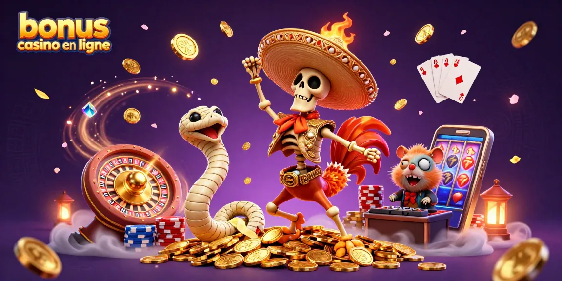 Vivez l'excitation des bonus casino en ligne avec une illustration dynamique pleine de pièces d'or et de jeux de casino.