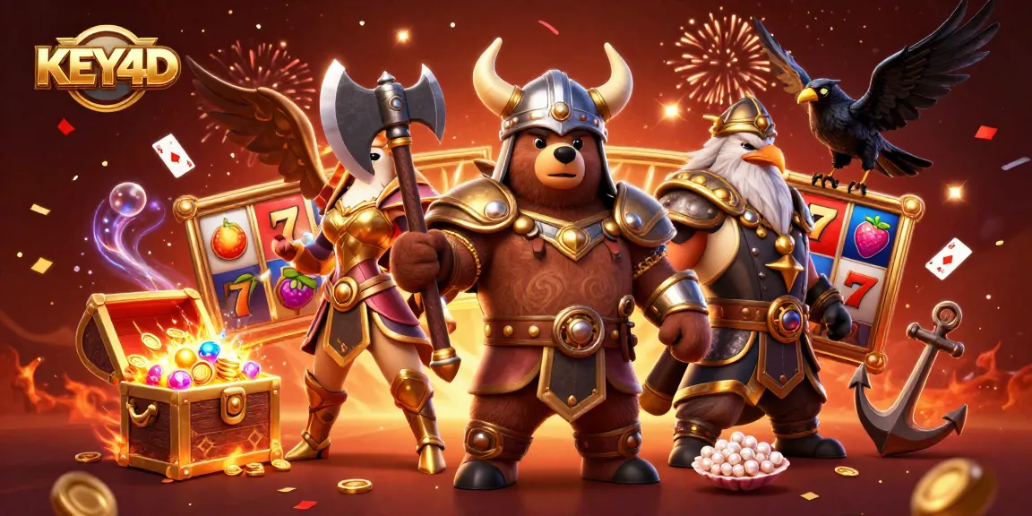 Permainan slot KEY4D menampilkan beruang Viking bertarung dengan elang Valkyrie dalam adegan yang dinamis.