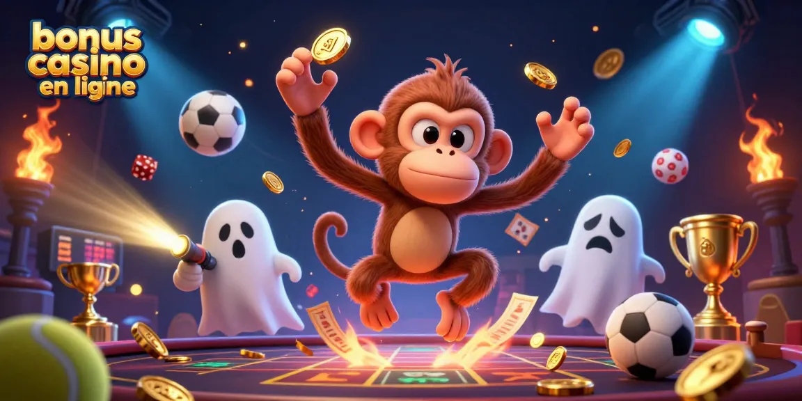 Profitez du bonus de casino en ligne avec cette illustration captivante d'un singe poltergeist et d'un chiot.