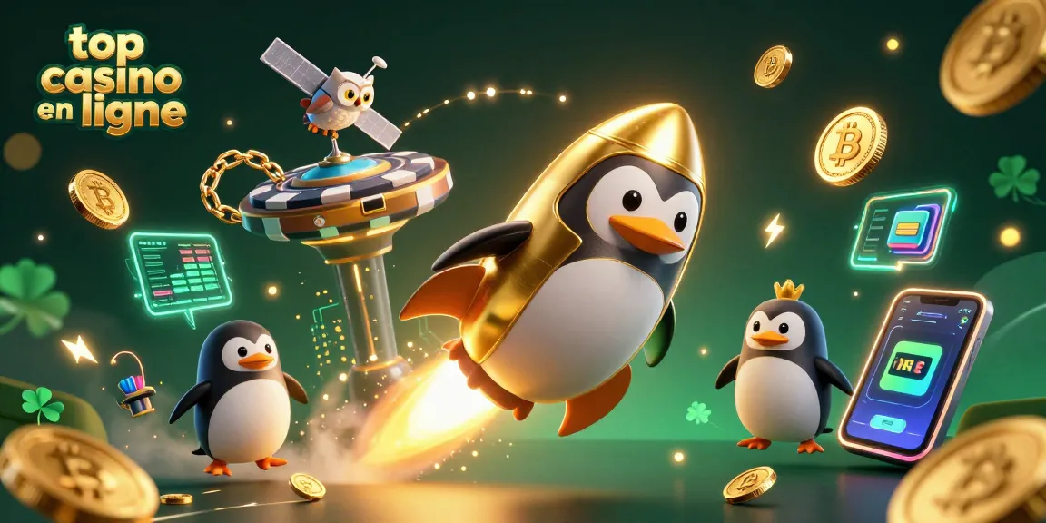 Profitez du top casino en ligne avec un pingouin doré propulsé par fusée naviguant dans l'espace.