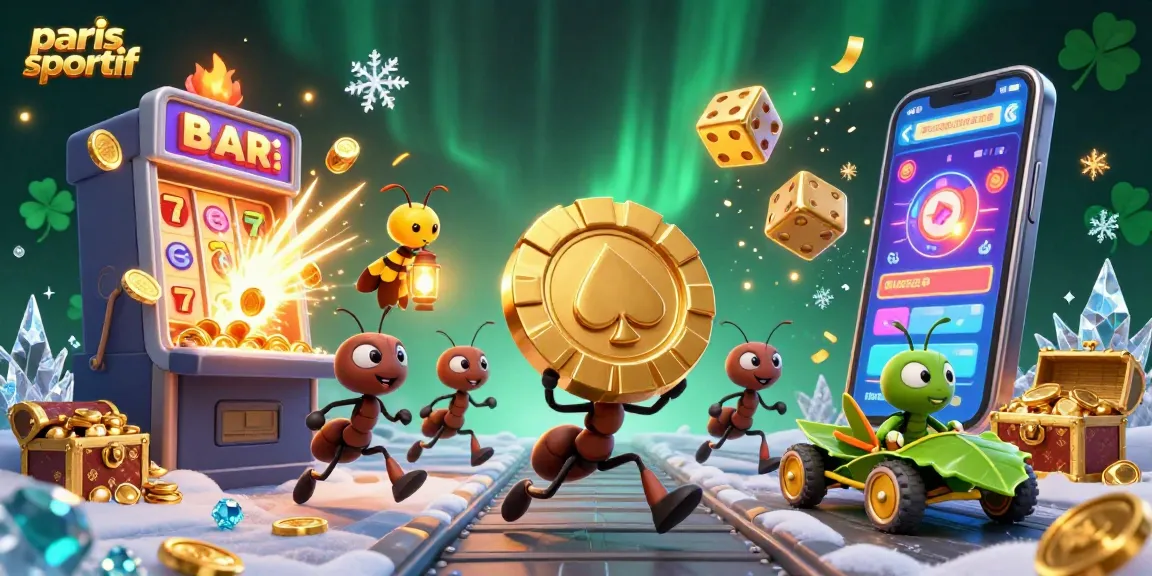 Pari sportif : équipe d'ants transportant une puce de poker géante dans un décor dynamique de jeu