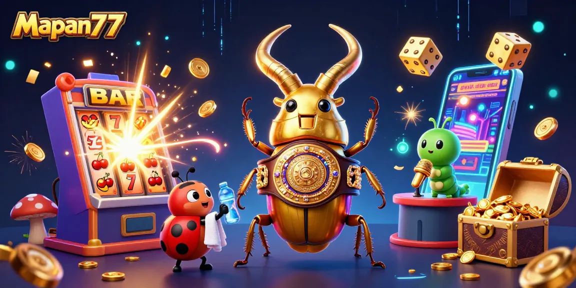 Play thrilling slot games at Mapan777 with a dynamic illustration of a golden beetle champion.