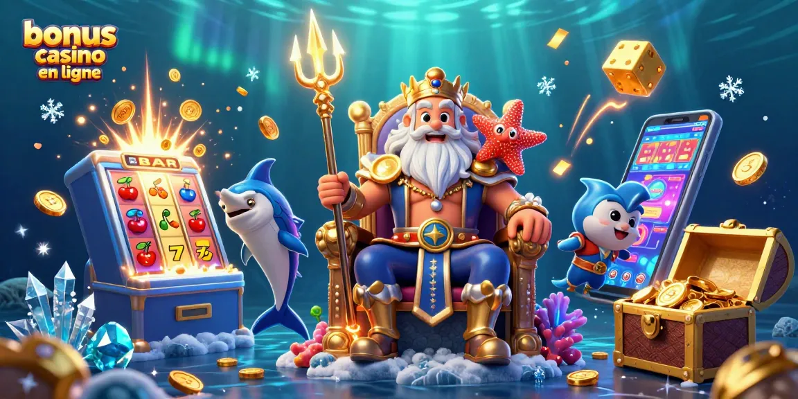 Bonus casino en ligne avec Neptune roi des mers entouré de machines à sous et éléments de jeu.