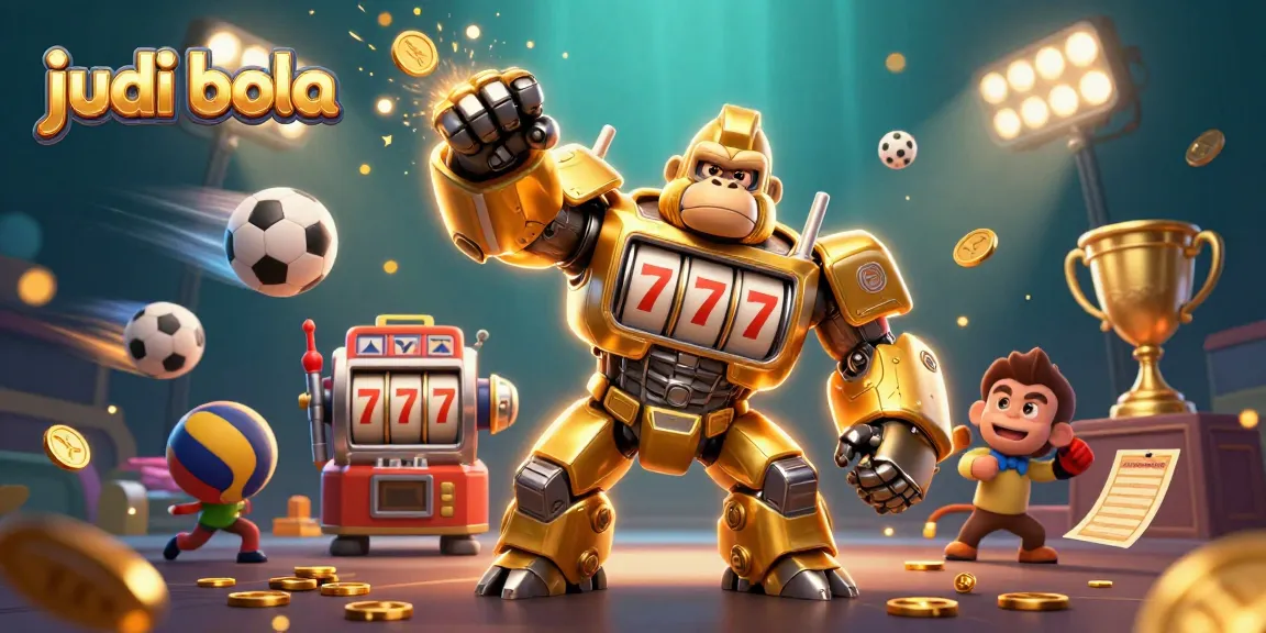 Engage in judi bola excitement with a dynamic scene featuring a golden mech and sports balls.