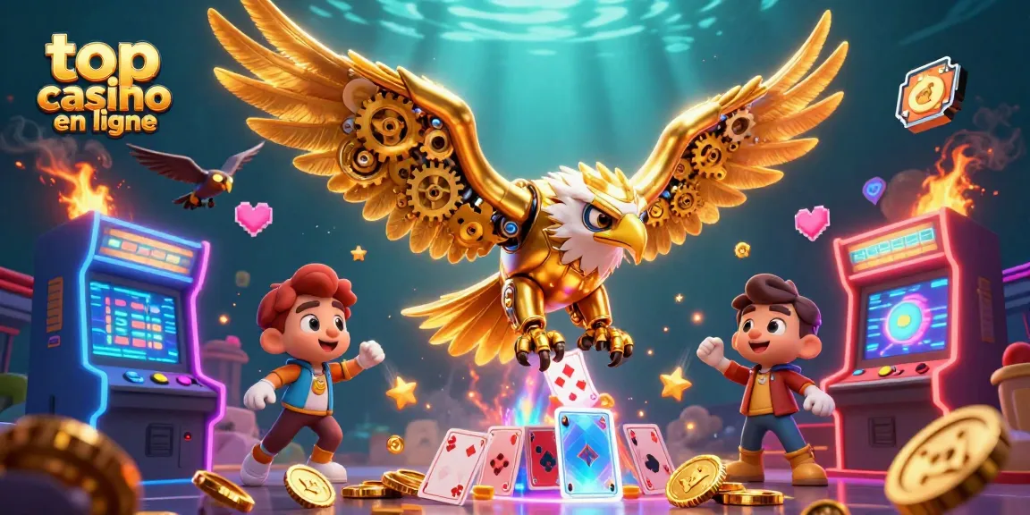 Jouez au top casino en ligne avec un aigle cybernétique sur fond d'illustrations de jeux modernes.