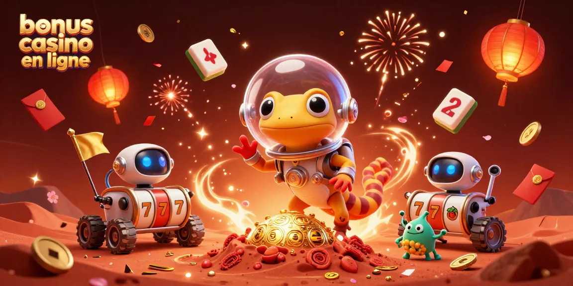 Bonus casino en ligne : illustration dynamique d'un gecko martien découvrant un casino en or sur Mars.