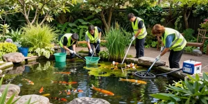 Pond Cleaning Kent professionals removing debris from a serene backyard pond in Kent, showcasing expert maintenance.