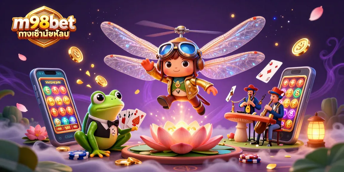 Engage with m98bet ทางเข้ามือถือ at a vibrant lily pad casino with a frog dealer and jazz musicians.