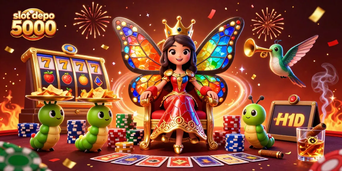 Experience the excitement of slot depo 5000 with a vibrant butterfly queen and dazzling casino elements in a dynamic scene.
