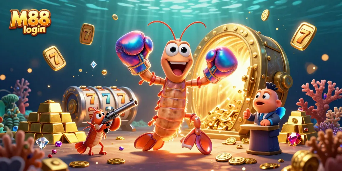M88 login scene featuring vibrant slot reels and treasure elements, showcasing dynamic casino action.