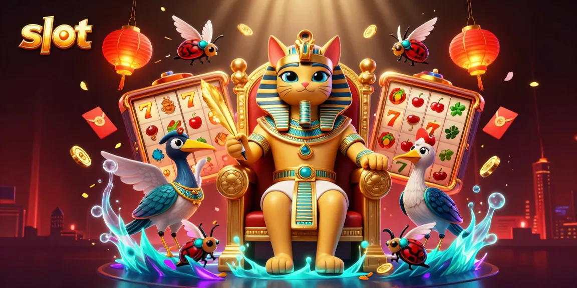 Play exciting slot games with Pharaoh cat in a vibrant casino scene filled with jackpots and winning elements.