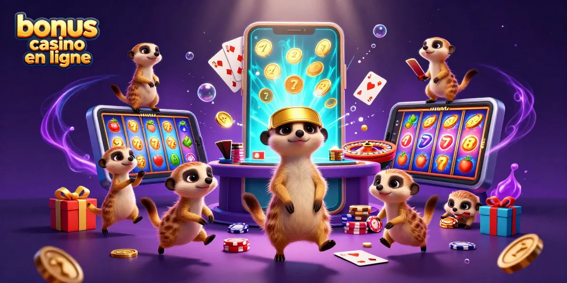 Illustration animée d'une colonie de suricates gérant un casino, mettant en avant le bonus casino en ligne.