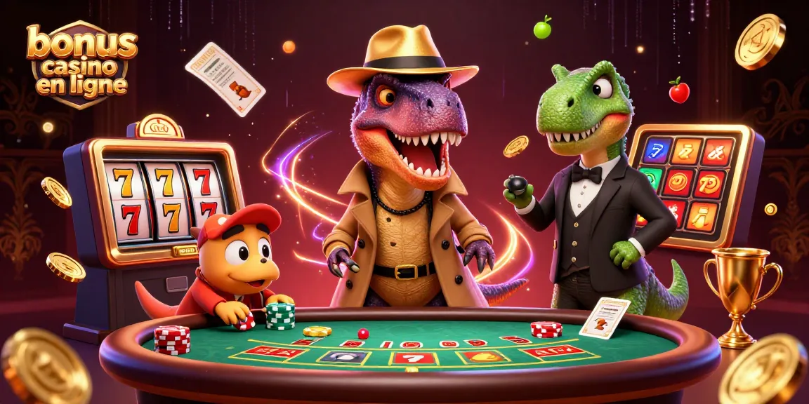 Gagnez avec le bonus casino en ligne dans une illustration vibrante de dinosaures au jeu.