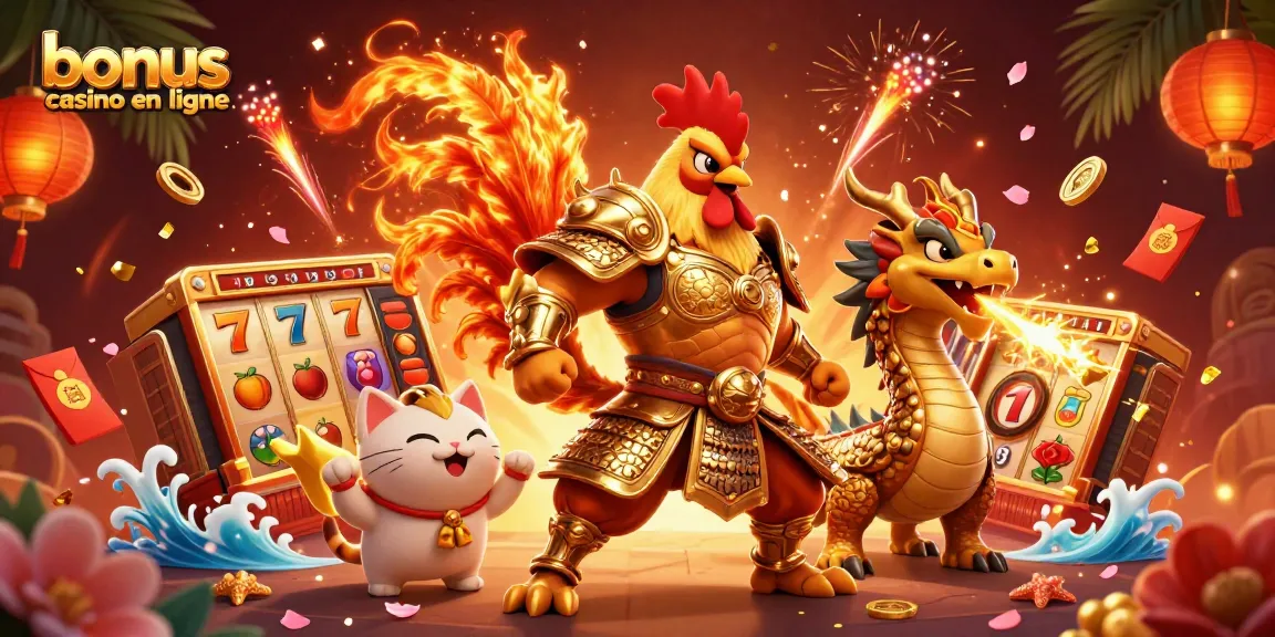 Illustration dynamique mettant en scène un combat de coqs valorisant le bonus casino en ligne avec des éléments de jeu de machine à sous.