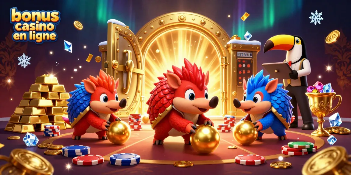 Bonus casino en ligne : Pangolins affrontent des jetons sur une table de poker scintillante.