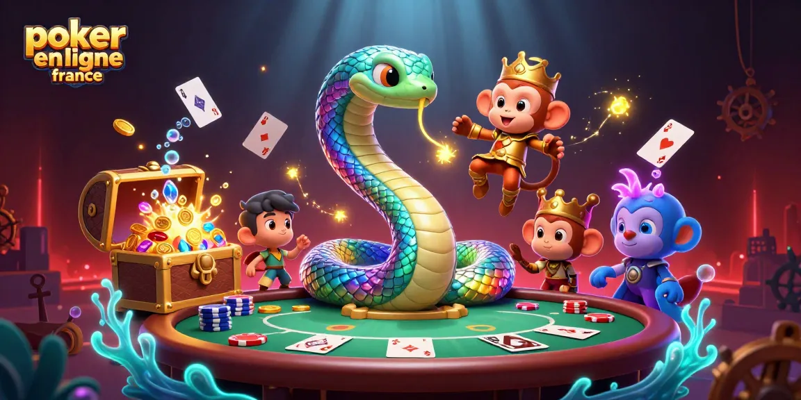 Profitez du poker en ligne France avec des personnages animés vibrants entourés d'éléments de jeu fascinants